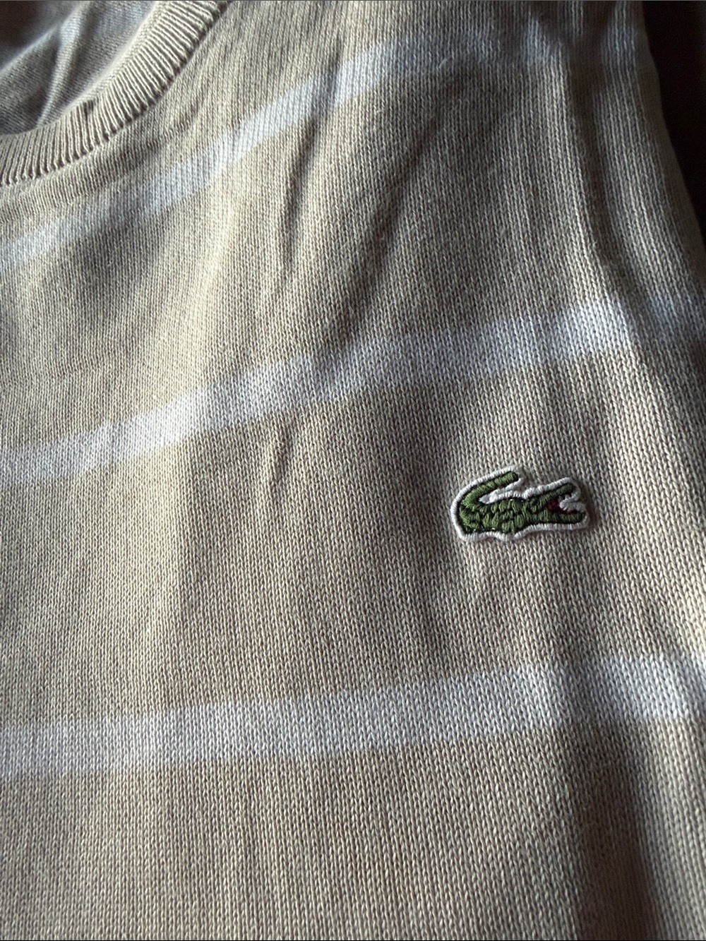 Lacoste Men’s Beige and White Striped Crewneck Sweater